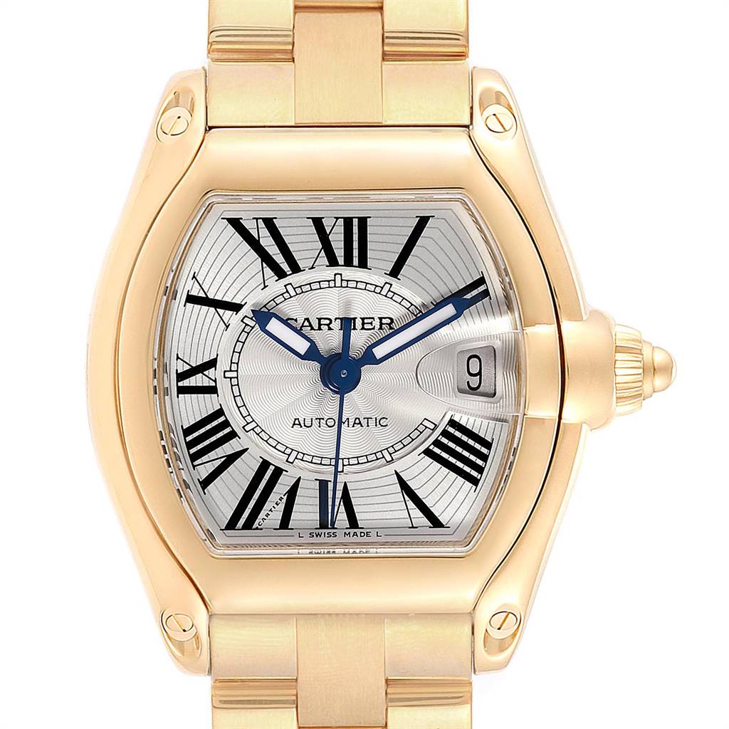 This is a front view of the Cartier Roadster W62005V2 Men's Yellow Gold Silver Dial W62005V2 Men's Yellow Gold Silver Dial watch, showing the dial, crown, and part of the bracelet.