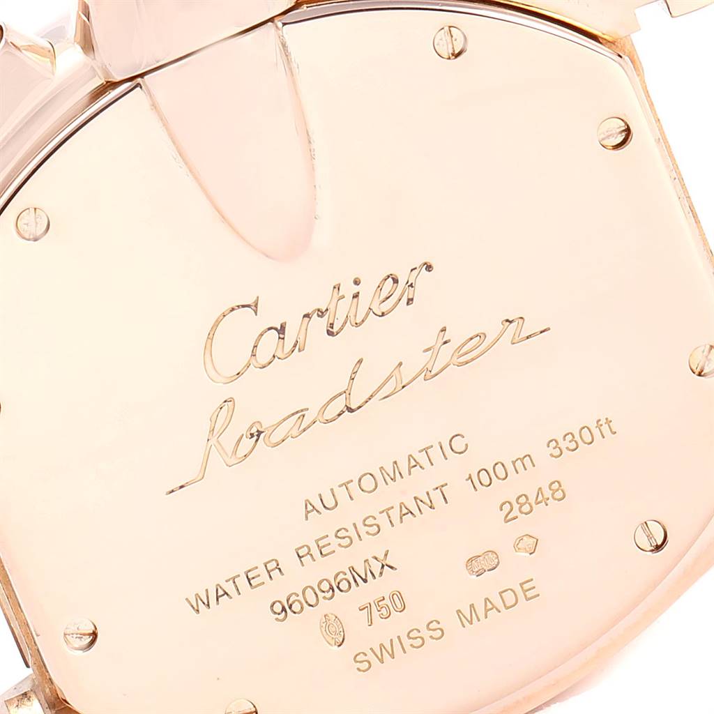 The image shows the case back of a Cartier Roadster W62042Y5 Men's Rose Gold Brown Dial W62042Y5 Men's Rose Gold Brown Dial watch.