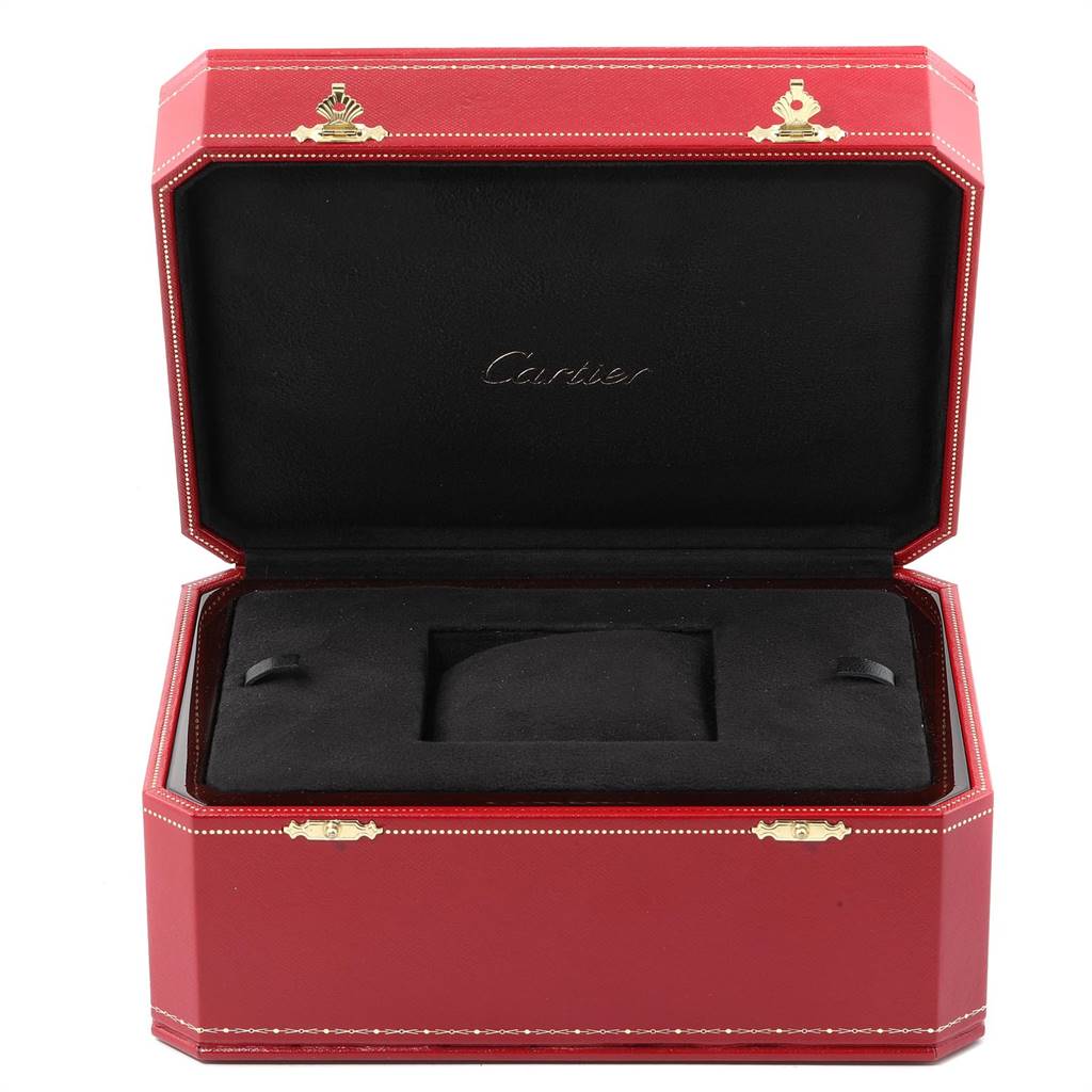 This image shows an open Roadster Cartier watch box with a black interior and red exterior.