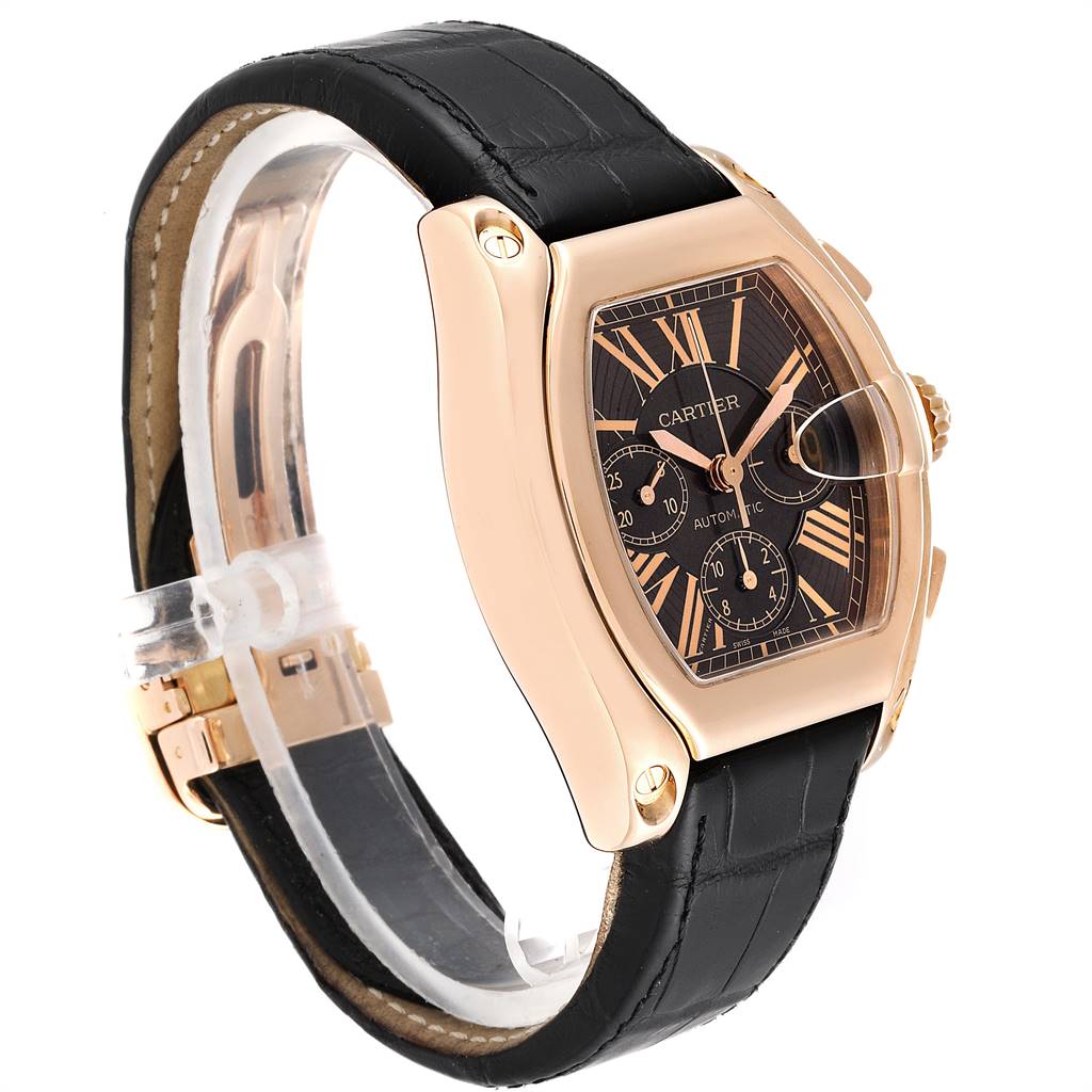 The image shows a Cartier Roadster W62042Y5 Men's Rose Gold Brown Dial W62042Y5 Men's Rose Gold Brown Dial watch angled slightly from the front, displaying the dial, case, and part of the leather strap.