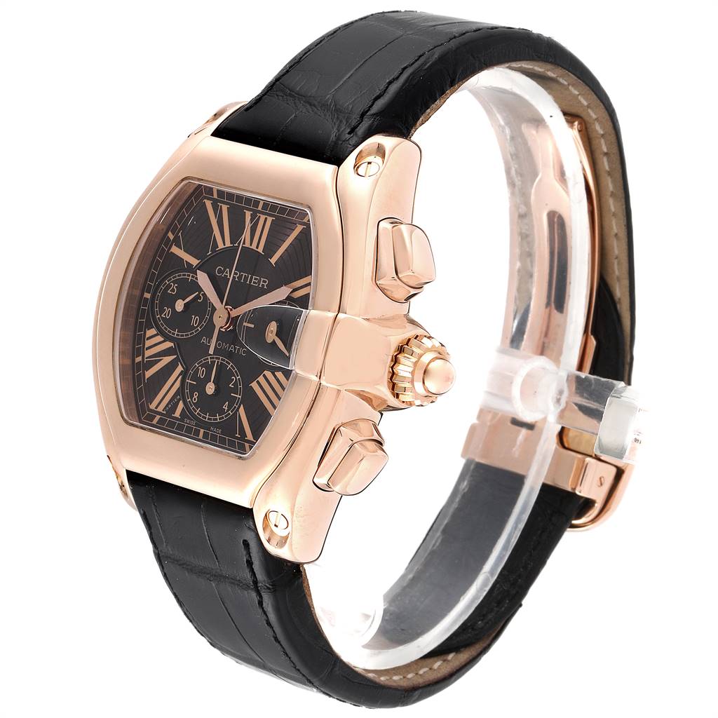 This image shows the Cartier Roadster W62042Y5 Men's Rose Gold Brown Dial W62042Y5 Men's Rose Gold Brown Dial watch at a three-quarter angle, highlighting the dial, crown, pushers, and black leather strap.