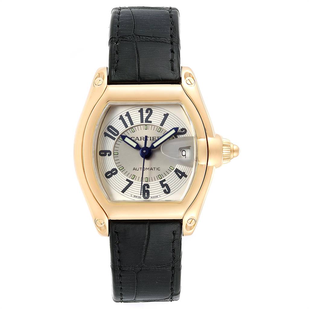 This image shows a Cartier Roadster W62005V2 Men's Yellow Gold Silver Dial W62005V2 Men's Yellow Gold Silver Dial watch from a front view, highlighting its face, case, and black leather strap.
