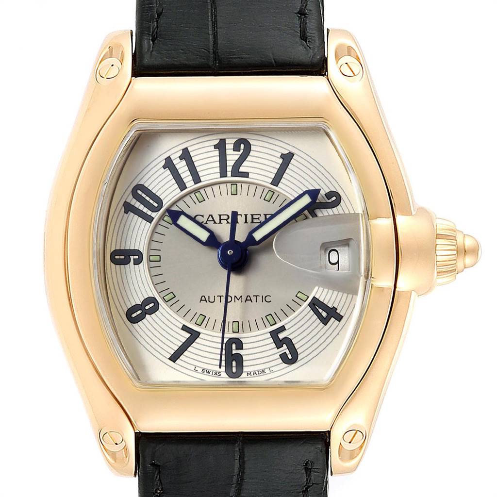 This image shows a close-up, frontal view of the Cartier Roadster W62005V2 Men's Yellow Gold Silver Dial W62005V2 Men's Yellow Gold Silver Dial watch face and strap.