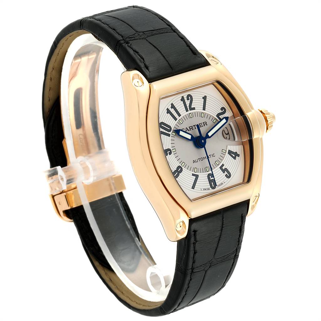 The image shows a Cartier Roadster W62005V2 Men's Yellow Gold Silver Dial W62005V2 Men's Yellow Gold Silver Dial watch at a three-quarter angle, highlighting the dial, case, strap, and clasp.
