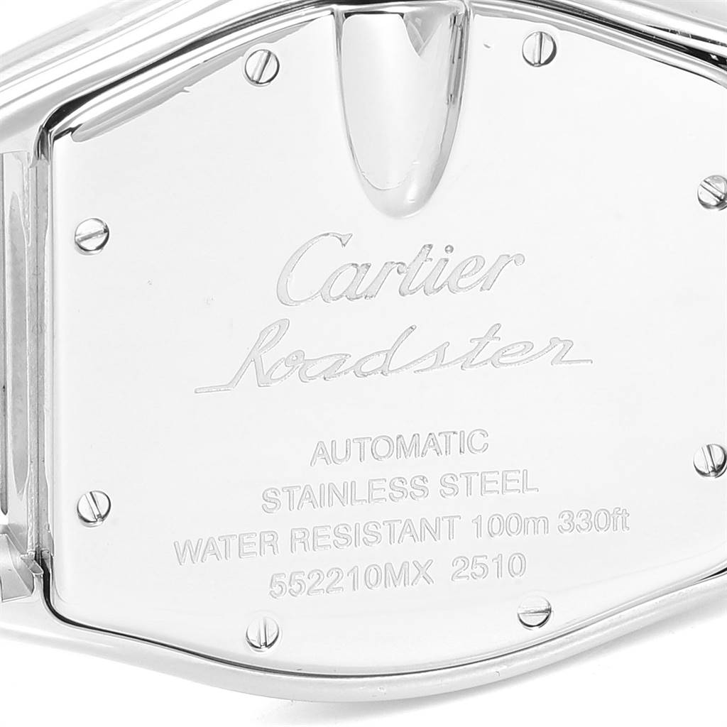 The image shows the back case of a Cartier Roadster W62025V3 Men
s Stainless Steel Silver Dial W62025V3 Men
s Stainless Steel Silver Dial watch in stainless steel material.