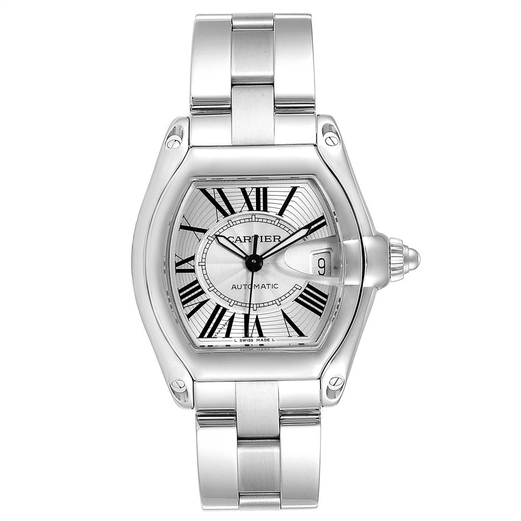 The image shows a front view of a Cartier Roadster W62025V3 Men
s Stainless Steel Silver Dial W62025V3 Men
s Stainless Steel Silver Dial watch, highlighting the face, bezel, and metal bracelet.