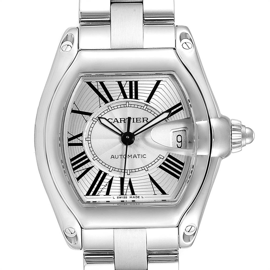 The image shows a frontal view of a Cartier Roadster W62025V3 Men
s Stainless Steel Silver Dial W62025V3 Men
s Stainless Steel Silver Dial watch, highlighting its dial, hands, and bracelet.