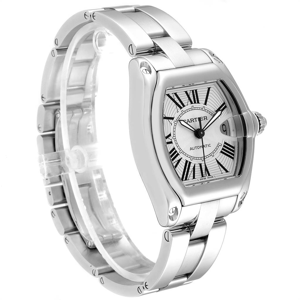 The image shows a front-facing angle of the Cartier Roadster W62025V3 Men
s Stainless Steel Silver Dial W62025V3 Men
s Stainless Steel Silver Dial watch, highlighting its bracelet, case, and dial.
