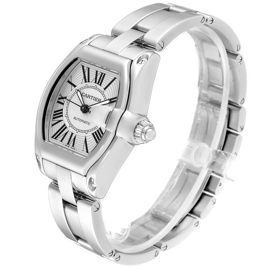 The image shows a Cartier Roadster W62025V3 Men
s Stainless Steel Silver Dial W62025V3 Men
s Stainless Steel Silver Dial watch at a slight angle, highlighting the face, crown, and part of the bracelet.