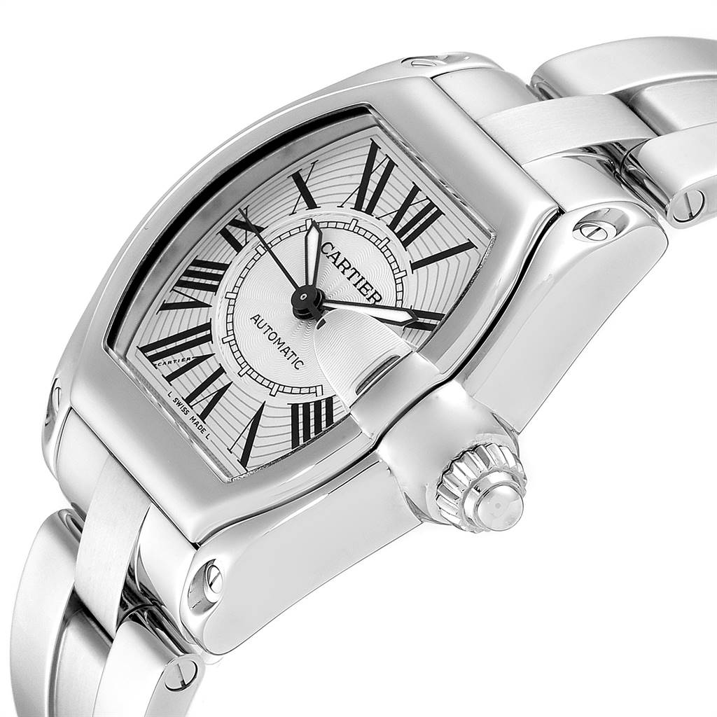 The image shows a close-up view of the Cartier Roadster W62025V3 Men
s Stainless Steel Silver Dial W62025V3 Men
s Stainless Steel Silver Dial watch, focusing on its face, bezel, and part of the bracelet.
