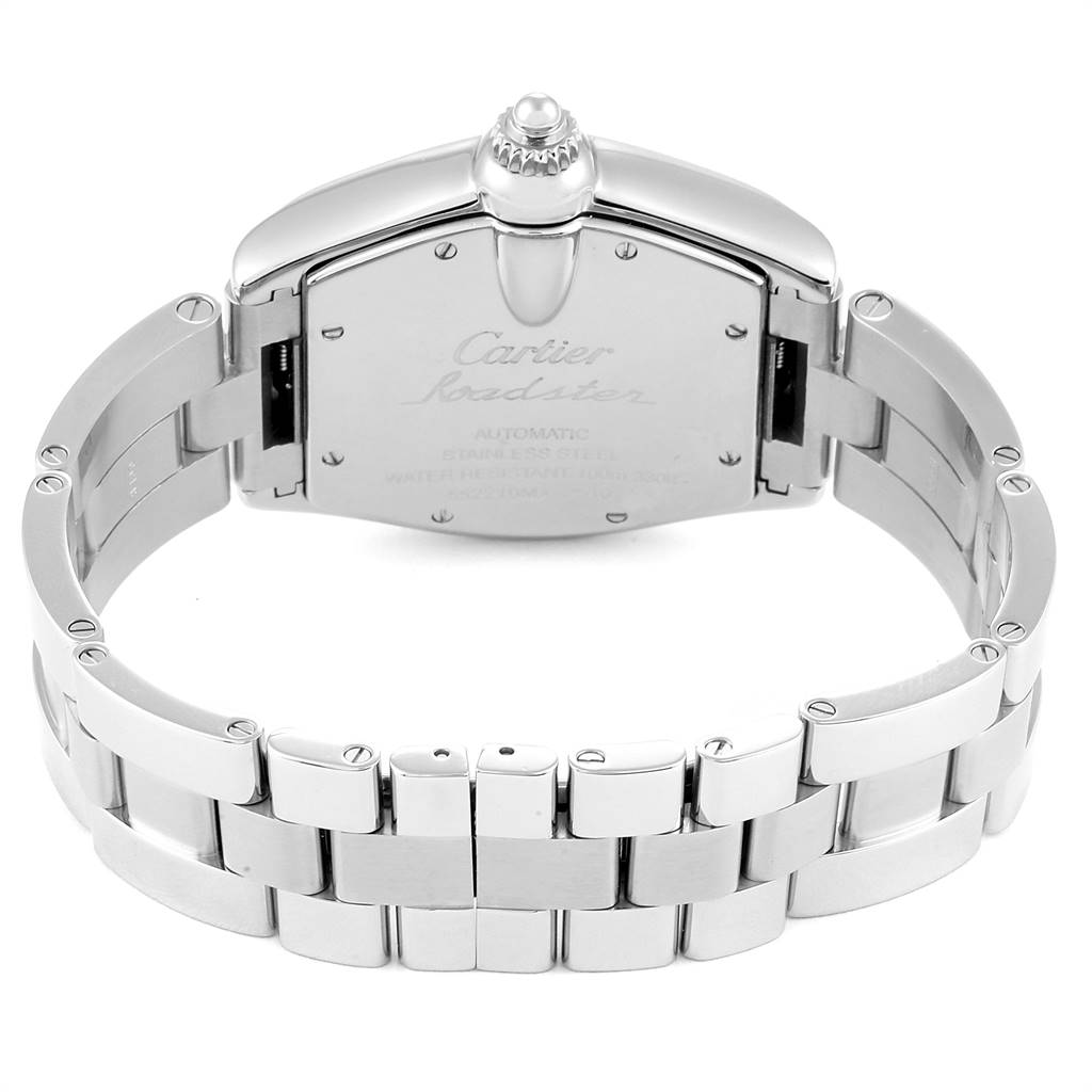 This image shows the back view and bracelet of a Cartier Roadster W62025V3 Men
s Stainless Steel Silver Dial W62025V3 Men
s Stainless Steel Silver Dial watch.
