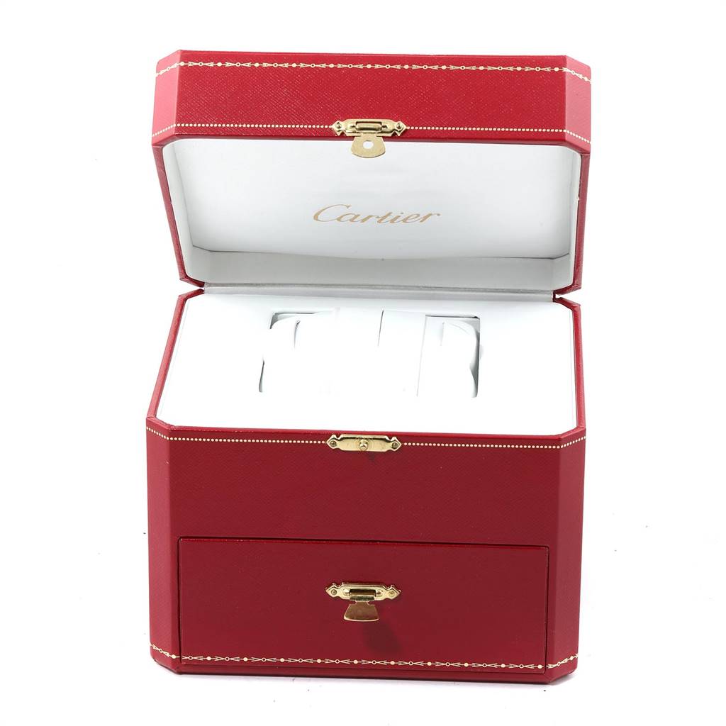 The image shows an open Cartier Roadster W62025V3 Men
s Stainless Steel Silver Dial W62025V3 Men
s Stainless Steel Silver Dial watch box, featuring interior compartments lined in white.