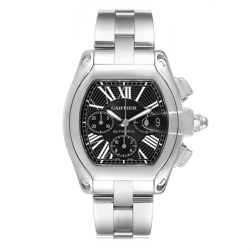 The Cartier Roadster W62020X6 Men
s Stainless Steel Black Dial W62020X6 Men
s Stainless Steel Black Dial watch is shown from a front angle, featuring the black dial, silver markers, and stainless steel bracelet.