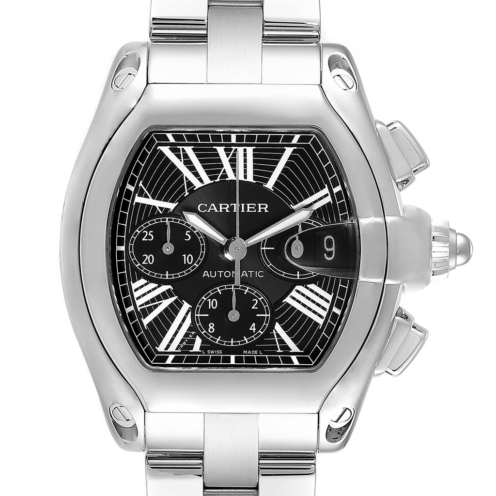 The image shows a front view of a Cartier Roadster W62020X6 Men
s Stainless Steel Black Dial W62020X6 Men
s Stainless Steel Black Dial watch, highlighting its dial, case, and part of the bracelet.