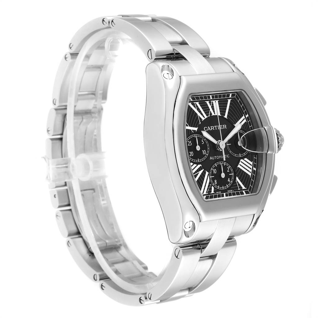 The image shows a Cartier Roadster W62020X6 Men
s Stainless Steel Black Dial W62020X6 Men
s Stainless Steel Black Dial watch from a slightly angled side view, highlighting the stainless steel bracelet and black dial.