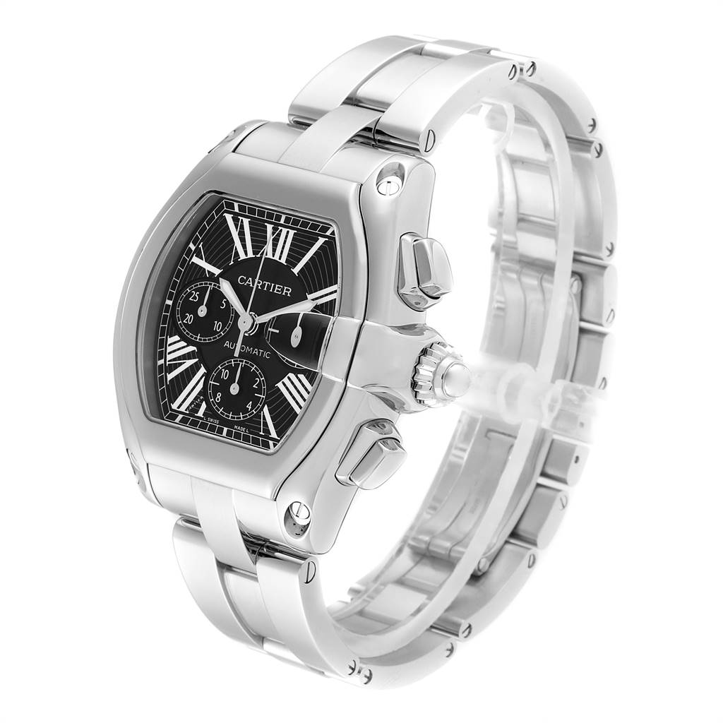 The image shows a Cartier Roadster W62020X6 Men
s Stainless Steel Black Dial W62020X6 Men
s Stainless Steel Black Dial watch at an angled view, highlighting the face, crown, and part of the bracelet.