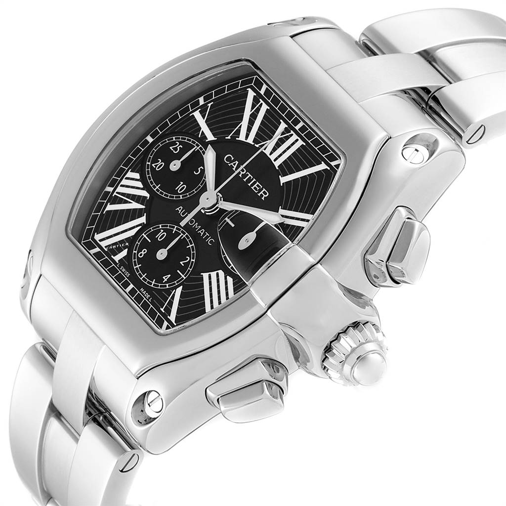 The Cartier Roadster W62020X6 Men
s Stainless Steel Black Dial W62020X6 Men
s Stainless Steel Black Dial watch is shown at an oblique angle, highlighting the face, crown, and partial bracelet.