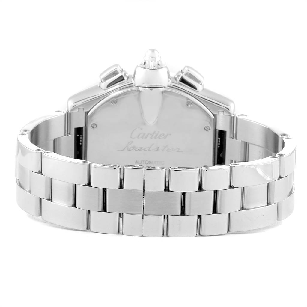 This image shows the back case and stainless steel bracelet of the Cartier Roadster W62020X6 Men
s Stainless Steel Black Dial W62020X6 Men
s Stainless Steel Black Dial watch from a rear angle.