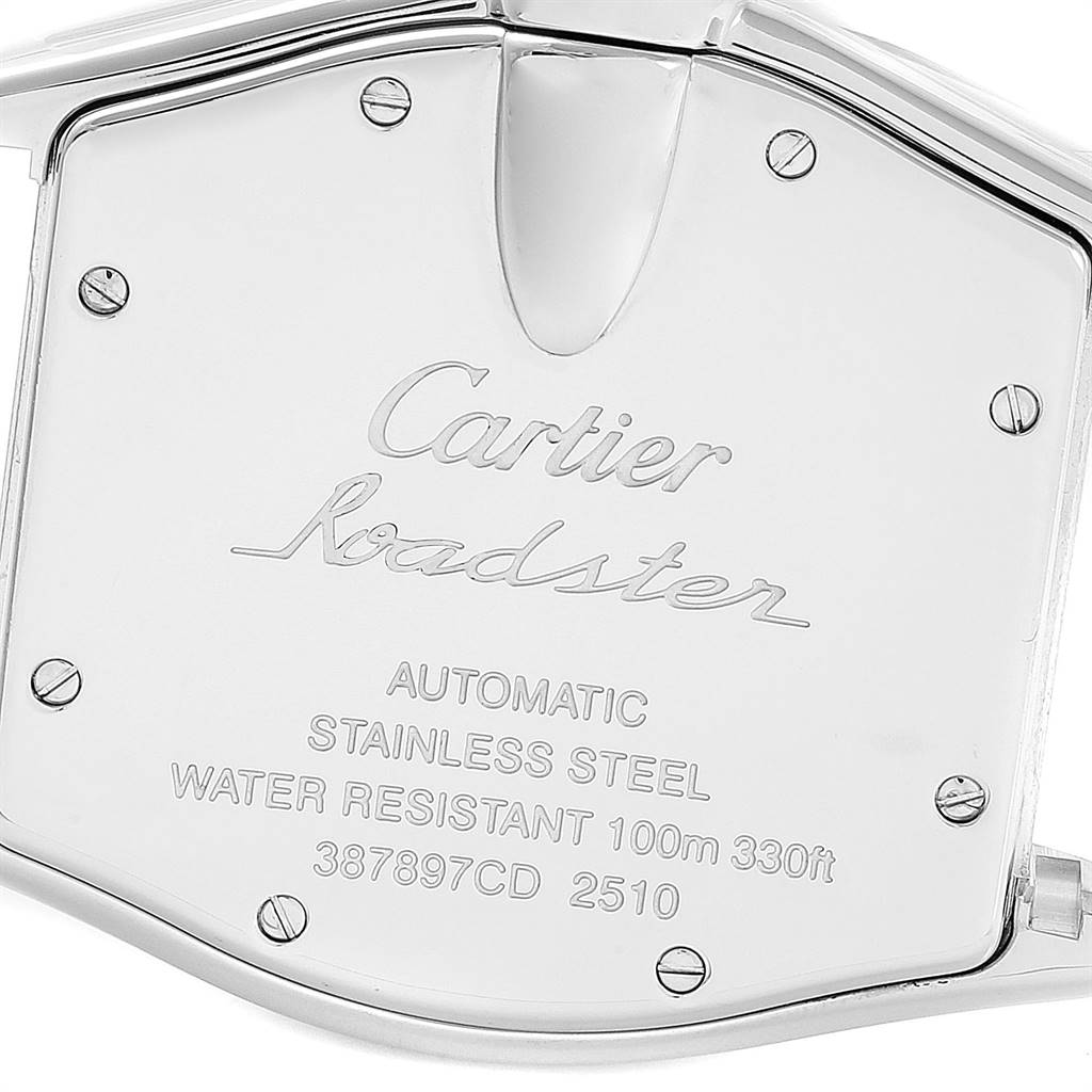 This image shows the back case of the Cartier Roadster W62000V3 Stainless Steel Silver Dial W62000V3 Stainless Steel Silver Dial watch, displaying model and specifications.