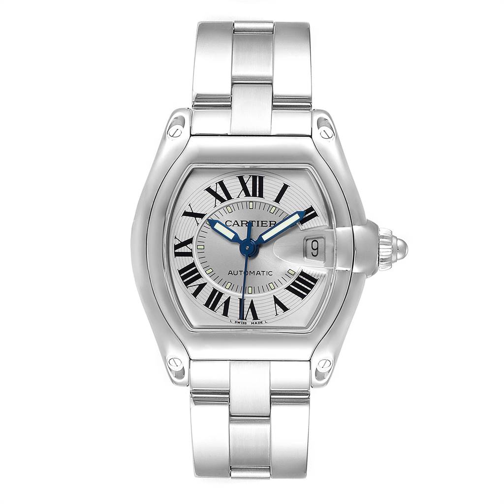 The image shows a front view of the Cartier Roadster W62000V3 Stainless Steel Silver Dial W62000V3 Stainless Steel Silver Dial watch, highlighting its face, dial, and metal bracelet.