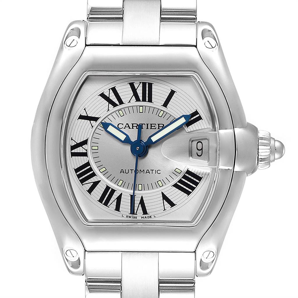This Cartier Roadster W62000V3 Stainless Steel Silver Dial W62000V3 Stainless Steel Silver Dial watch is shown from the front, displaying the face, hands, and part of the bracelet band.