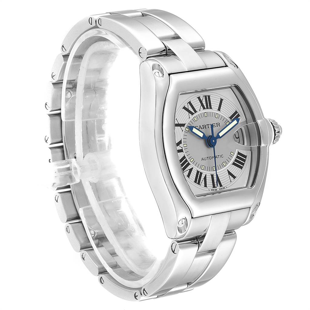 The Cartier Roadster W62000V3 Stainless Steel Silver Dial W62000V3 Stainless Steel Silver Dial watch is shown at a three-quarter angle, highlighting its face, bezel, and metallic bracelet.