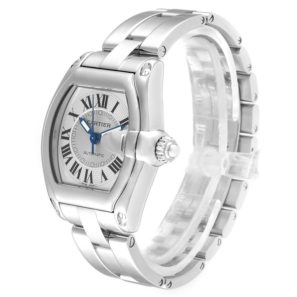The image shows a Cartier Roadster W62000V3 Stainless Steel Silver Dial W62000V3 Stainless Steel Silver Dial watch from a three-quarter angle, highlighting its face, bezel, crown, and bracelet.