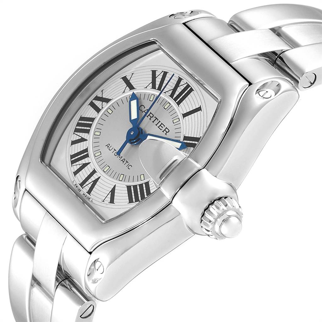 The Cartier Roadster W62000V3 Stainless Steel Silver Dial W62000V3 Stainless Steel Silver Dial watch is displayed at a slight angle, showcasing its dial, case, crown, and part of the bracelet.