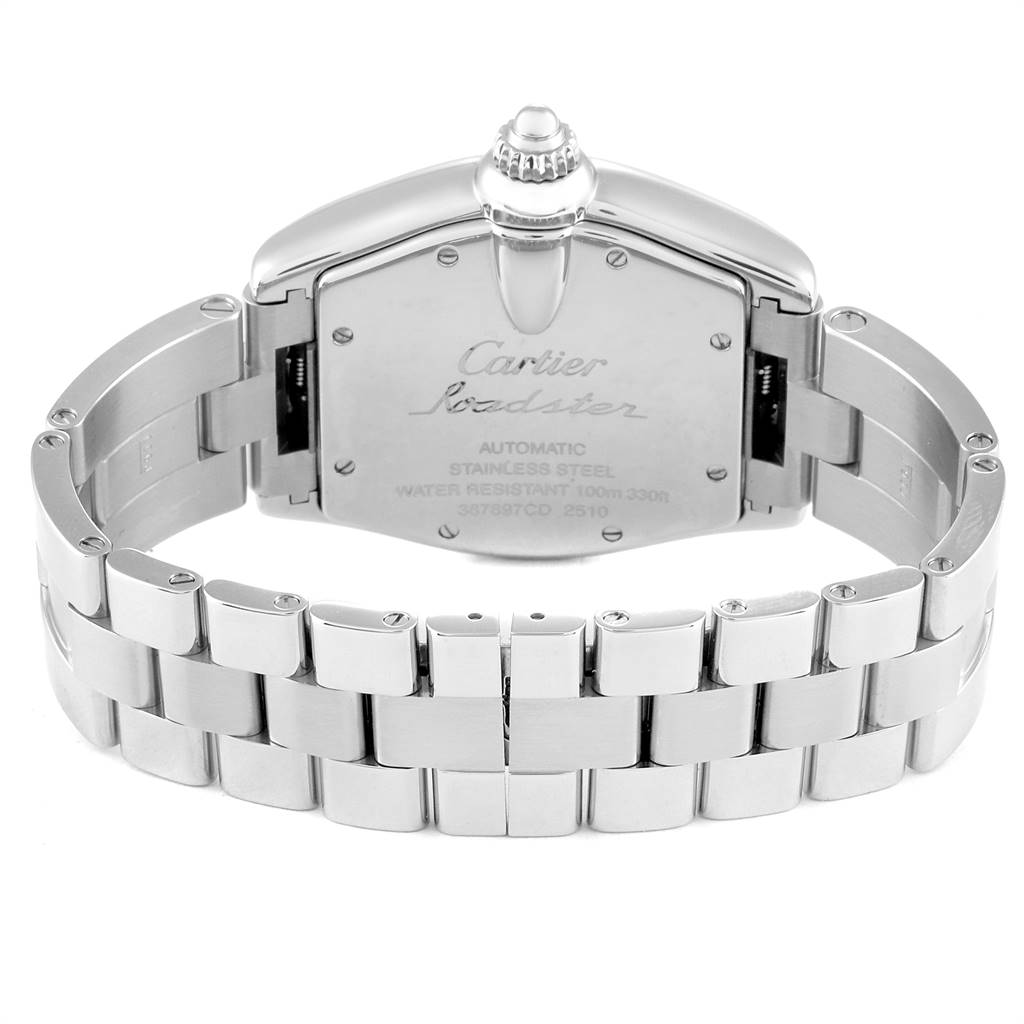 The Cartier Roadster W62000V3 Stainless Steel Silver Dial W62000V3 Stainless Steel Silver Dial watch is shown from the back, highlighting the stainless steel case, back cover, and bracelet.