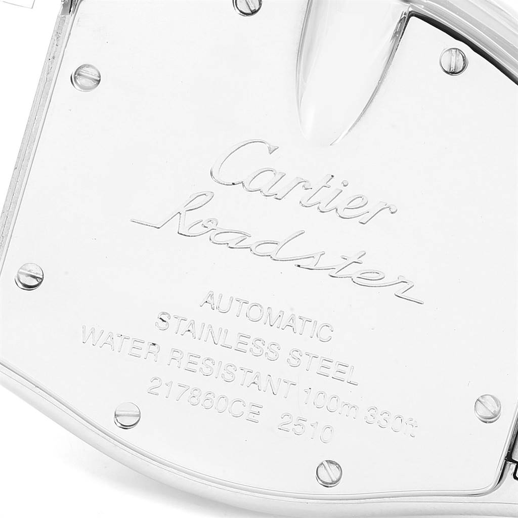 This is an image of the case back of a Cartier Roadster W62025V3 Men's Stainless Steel Silver Dial W62025V3 Men's Stainless Steel Silver Dial watch, showing its branding and specifications.