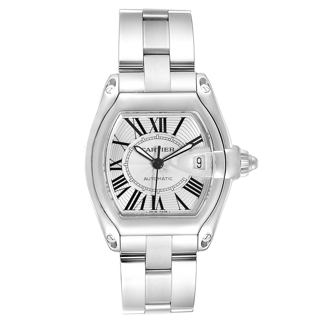 The image shows a front view of a Cartier Roadster W62025V3 Men's Stainless Steel Silver Dial W62025V3 Men's Stainless Steel Silver Dial watch, highlighting the face, hands, bracelet, and date window.