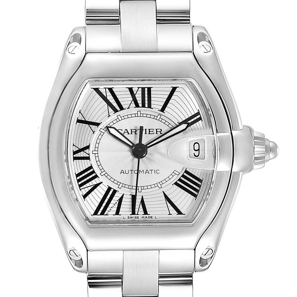 This image shows a front view of the Cartier Roadster W62025V3 Men's Stainless Steel Silver Dial W62025V3 Men's Stainless Steel Silver Dial watch, highlighting the face, Roman numeral markers, hands, date display, and the bracelet.