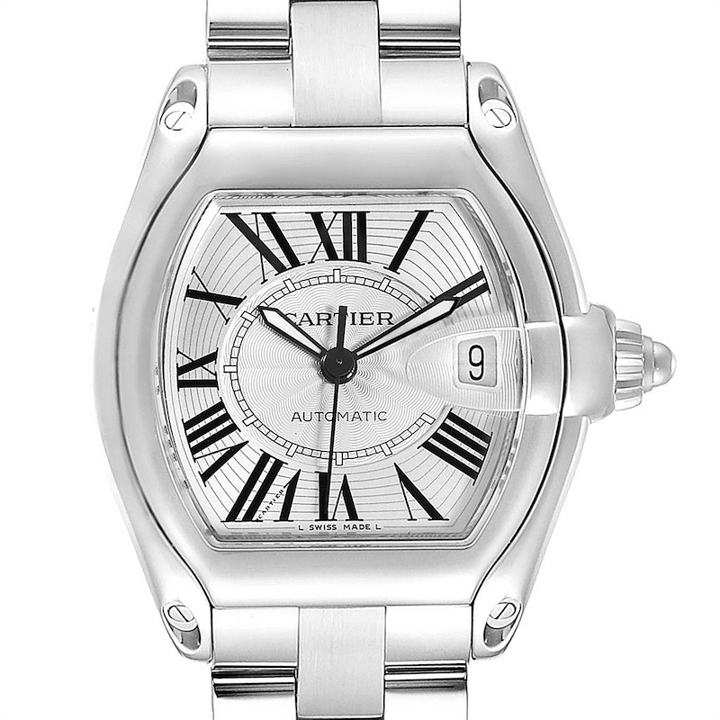 Cartier Roadster Silver Dial Blue Hands Large Steel Mens Watch W62025V3 SwissWatchExpo