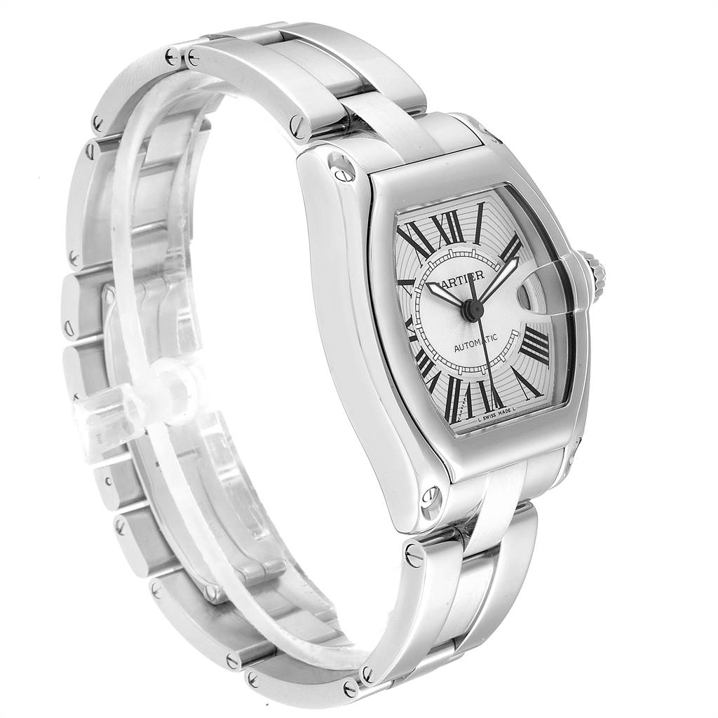 The Cartier Roadster W62025V3 Men's Stainless Steel Silver Dial W62025V3 Men's Stainless Steel Silver Dial watch is shown at an angled side view, displaying its face, crown, and metallic strap.