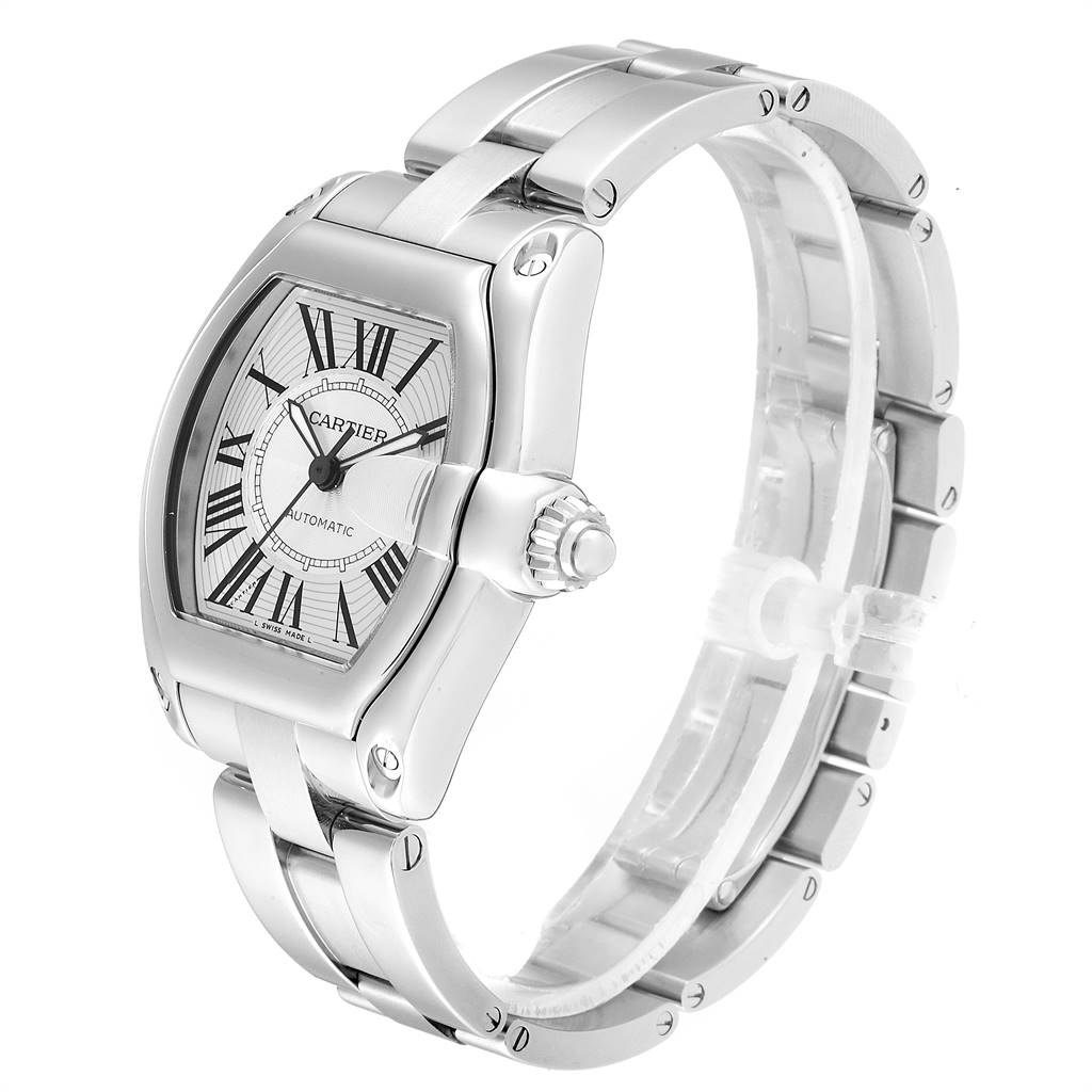 The image shows a side angle view of the Cartier Roadster W62025V3 Men's Stainless Steel Silver Dial W62025V3 Men's Stainless Steel Silver Dial watch, highlighting the face, crown, and part of the bracelet.