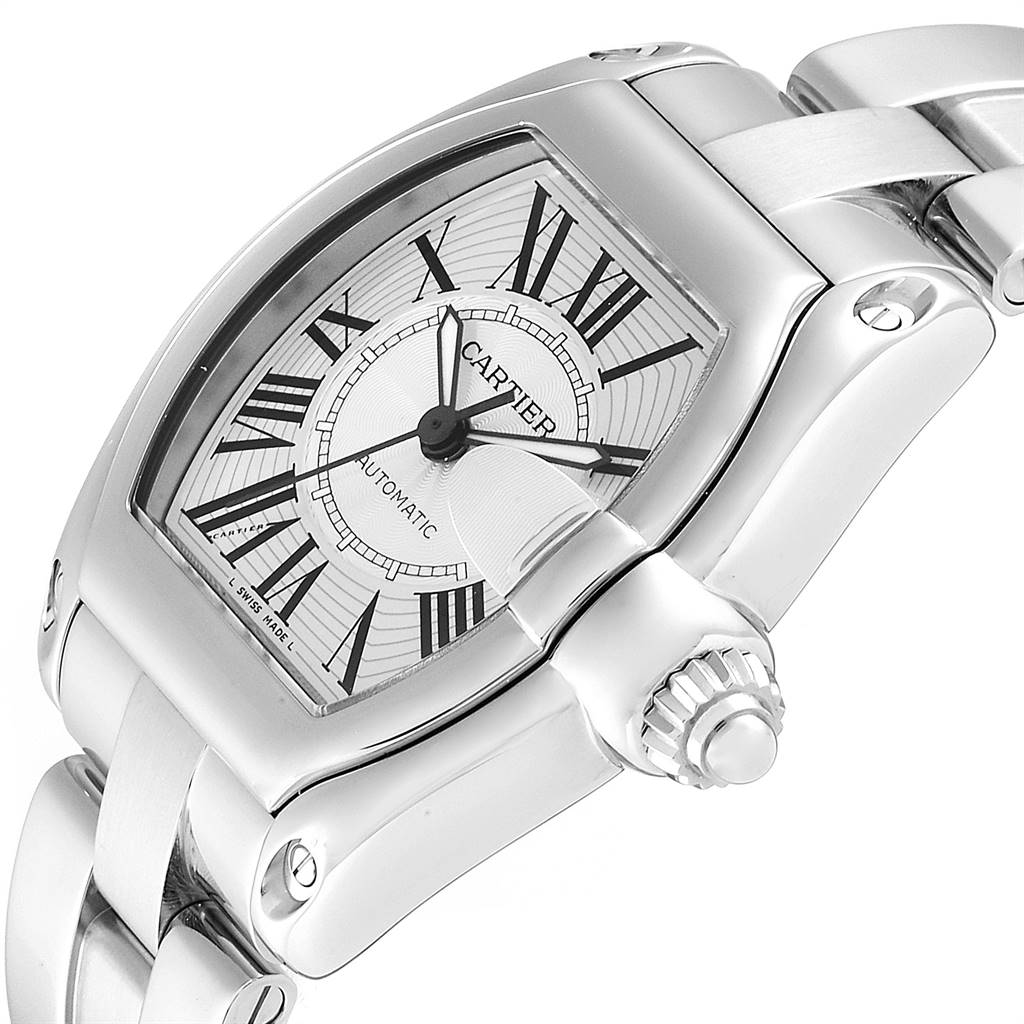 This image shows a close-up angled view of the Cartier Roadster W62025V3 Men's Stainless Steel Silver Dial W62025V3 Men's Stainless Steel Silver Dial watch, highlighting the dial, crown, and part of the bracelet.