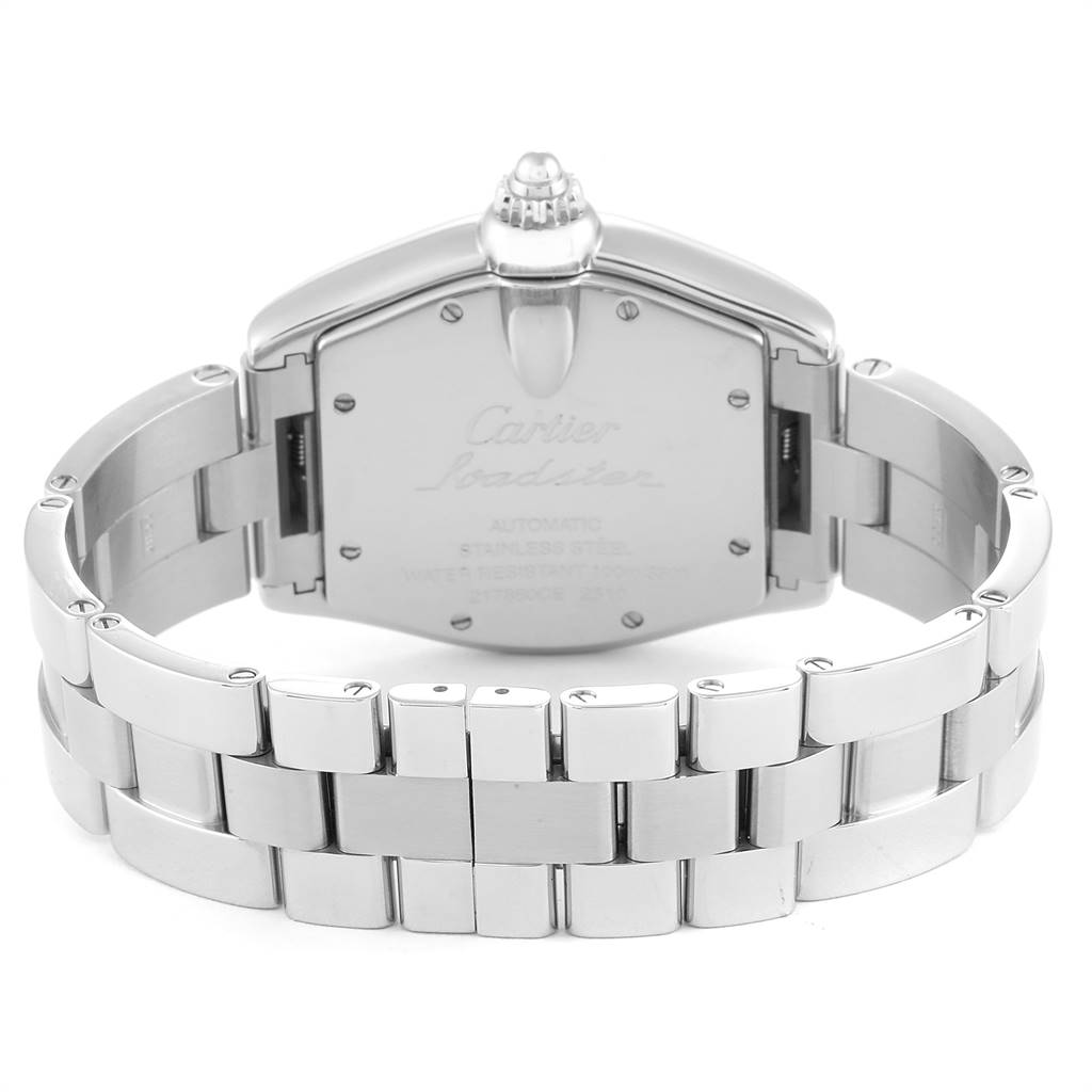 The image shows the back and bracelet of the Cartier Roadster W62025V3 Men's Stainless Steel Silver Dial W62025V3 Men's Stainless Steel Silver Dial watch, highlighting the case back and clasp.