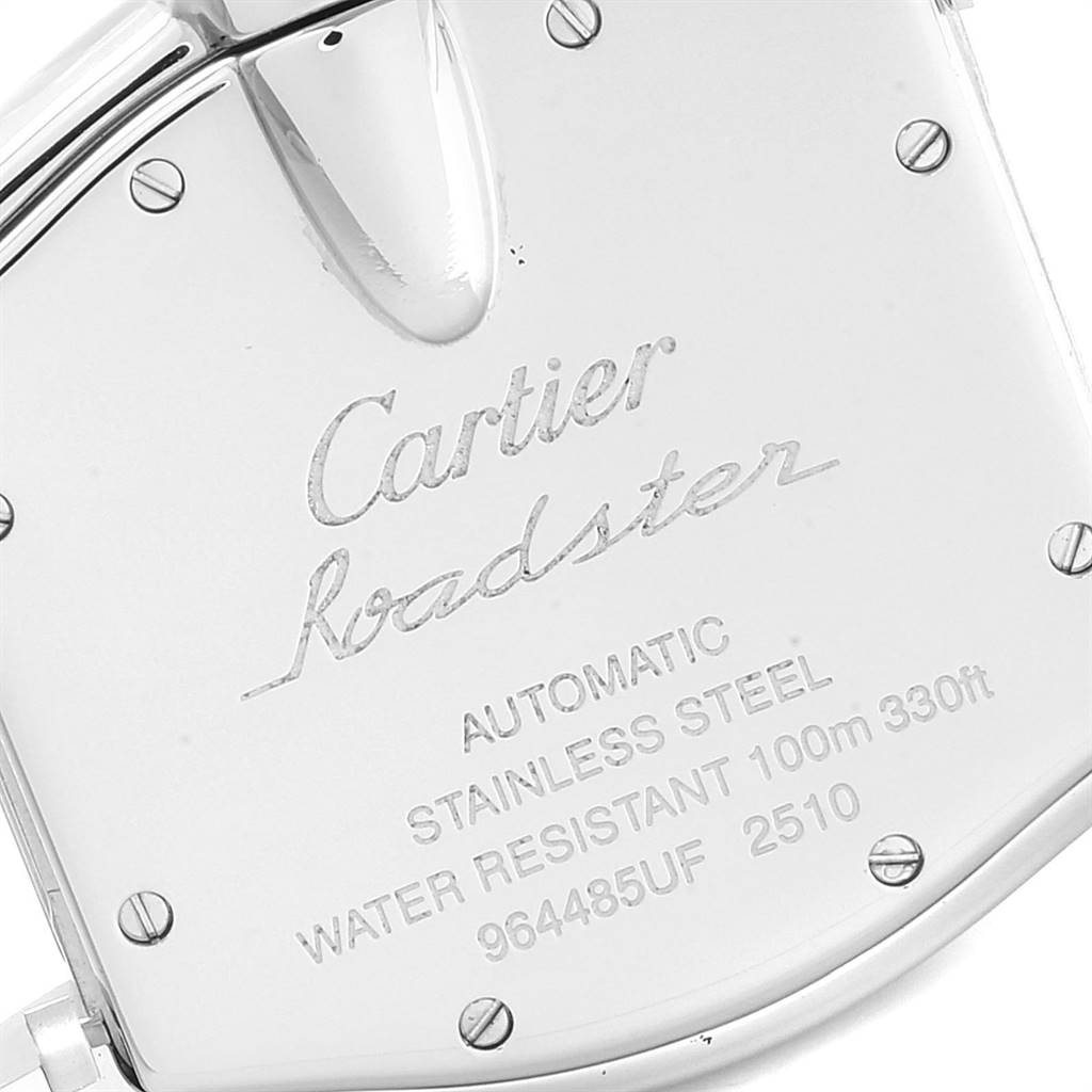 The image shows the back case of the Roadster model by Cartier, displaying the brand name, model, and specifications.