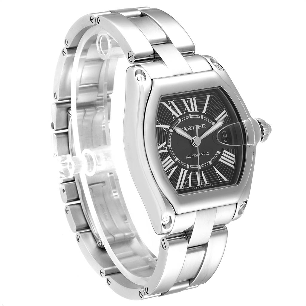 The image shows a Cartier Roadster W62041V3 Men's Stainless Steel Black Dial W62041V3 Men's Stainless Steel Black Dial watch at an angle highlighting its face, bracelet, and links.