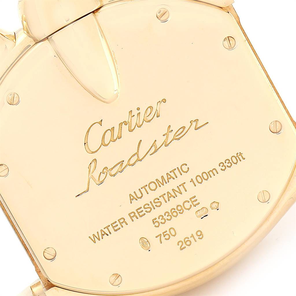 The image shows the back case of a Cartier Roadster W62021Y3 Men's Yellow Gold Champagne Dial W62021Y3 Men's Yellow Gold Champagne Dial watch, displaying model information and water resistance details.