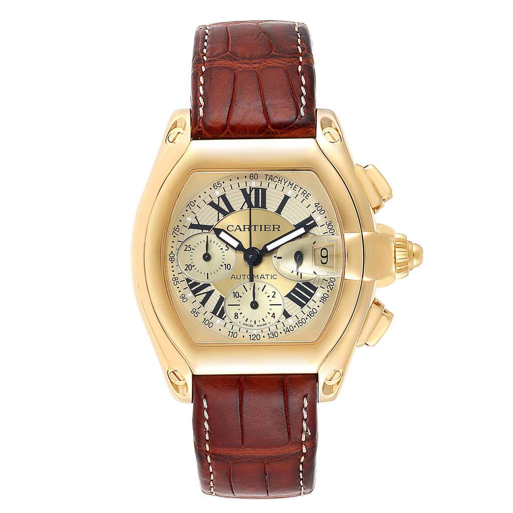 This image shows a front view of a Cartier Roadster W62021Y3 Men's Yellow Gold Champagne Dial W62021Y3 Men's Yellow Gold Champagne Dial watch, highlighting the dial, case, and brown leather strap.