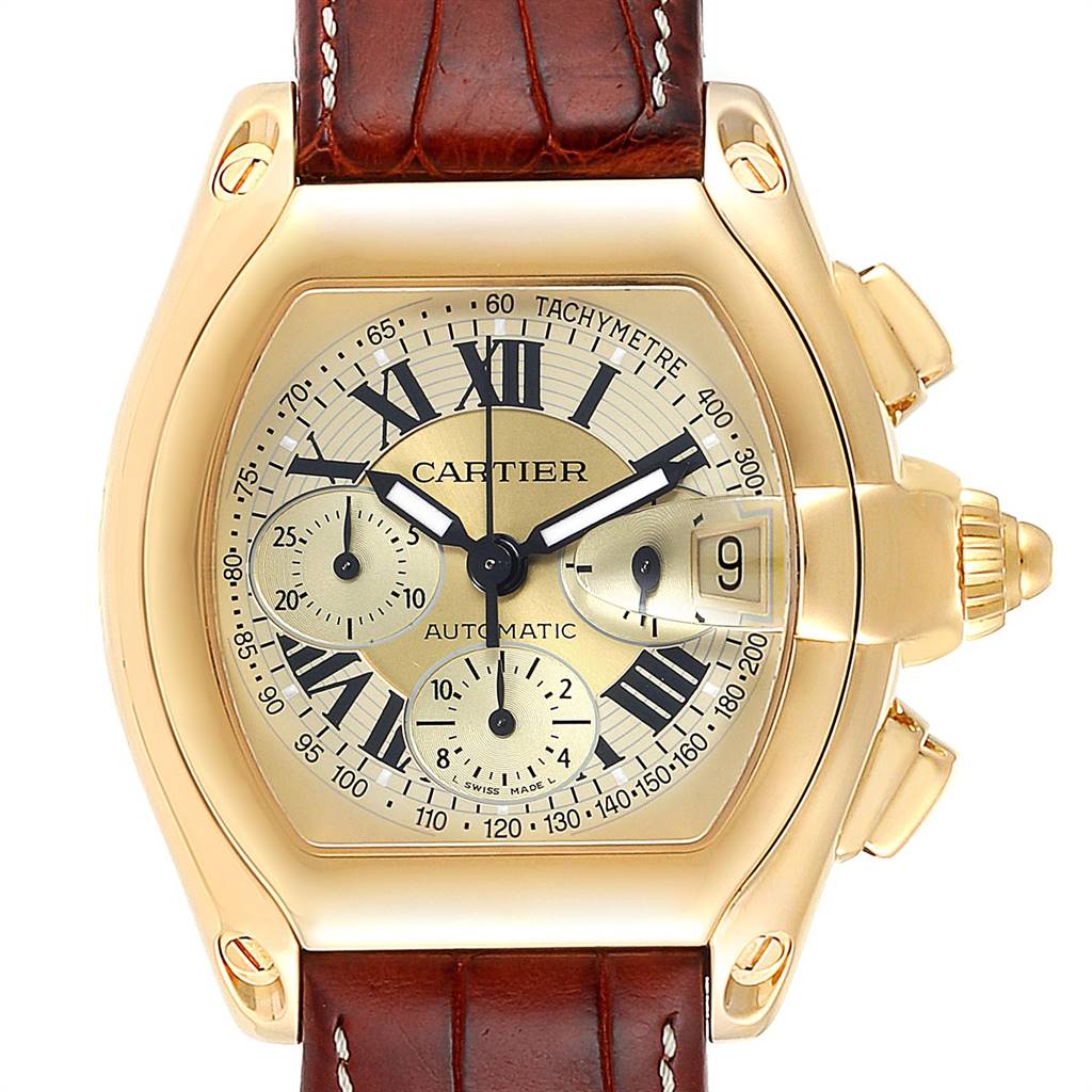 This is a front view of the Cartier Roadster W62021Y3 Men's Yellow Gold Champagne Dial W62021Y3 Men's Yellow Gold Champagne Dial watch showing the dial, crown, pushers, and part of the leather strap.
