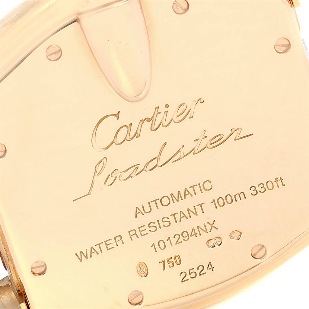 The close-up image shows the engraved back case of the Cartier Roadster W62005V1 Men's Yellow Gold Silver Dial W62005V1 Men's Yellow Gold Silver Dial watch.