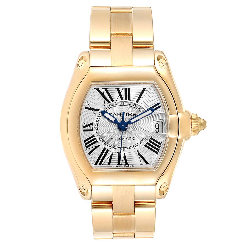 The Cartier Roadster W62005V1 Men's Yellow Gold Silver Dial W62005V1 Men's Yellow Gold Silver Dial watch is shown from a front angle, detailing its face, hands, date, and bracelet.