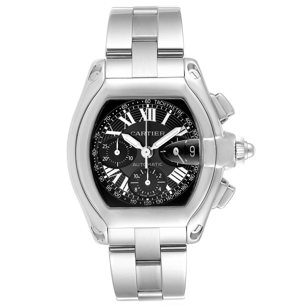 The image shows a front view of a Cartier Roadster W62007X6 Men
s Stainless Steel Black Dial W62007X6 Men
s Stainless Steel Black Dial watch, highlighting its stainless steel band and black dial.