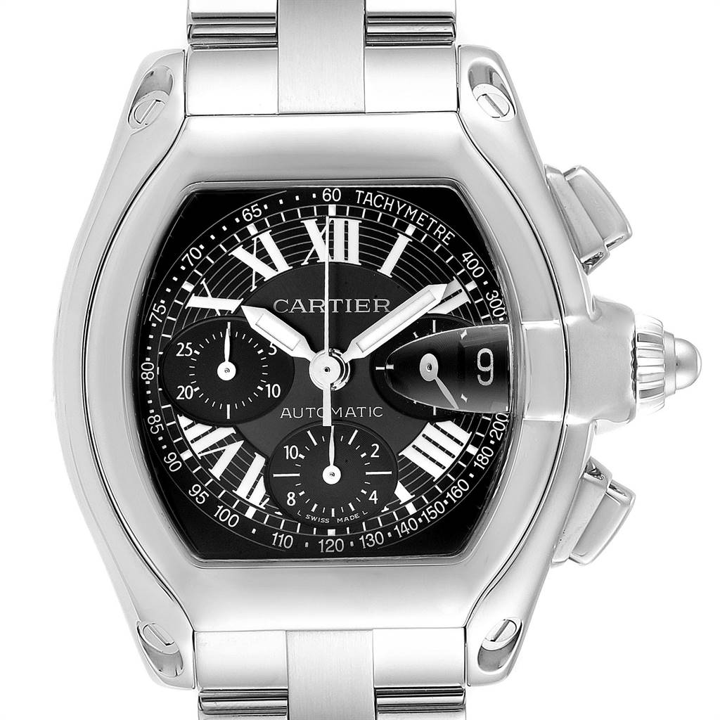 The image shows a front view of a Cartier Roadster W62007X6 Men
s Stainless Steel Black Dial W62007X6 Men
s Stainless Steel Black Dial model watch, highlighting its face, dials, and stainless steel bracelet.