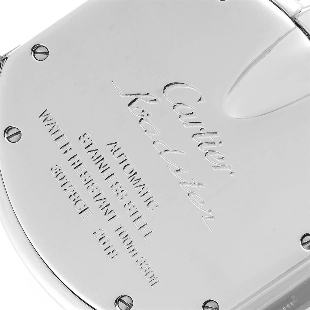 The image shows the back case of a Cartier Roadster W62007X6 Men
s Stainless Steel Black Dial W62007X6 Men
s Stainless Steel Black Dial watch, displaying the engraved details and specifications.