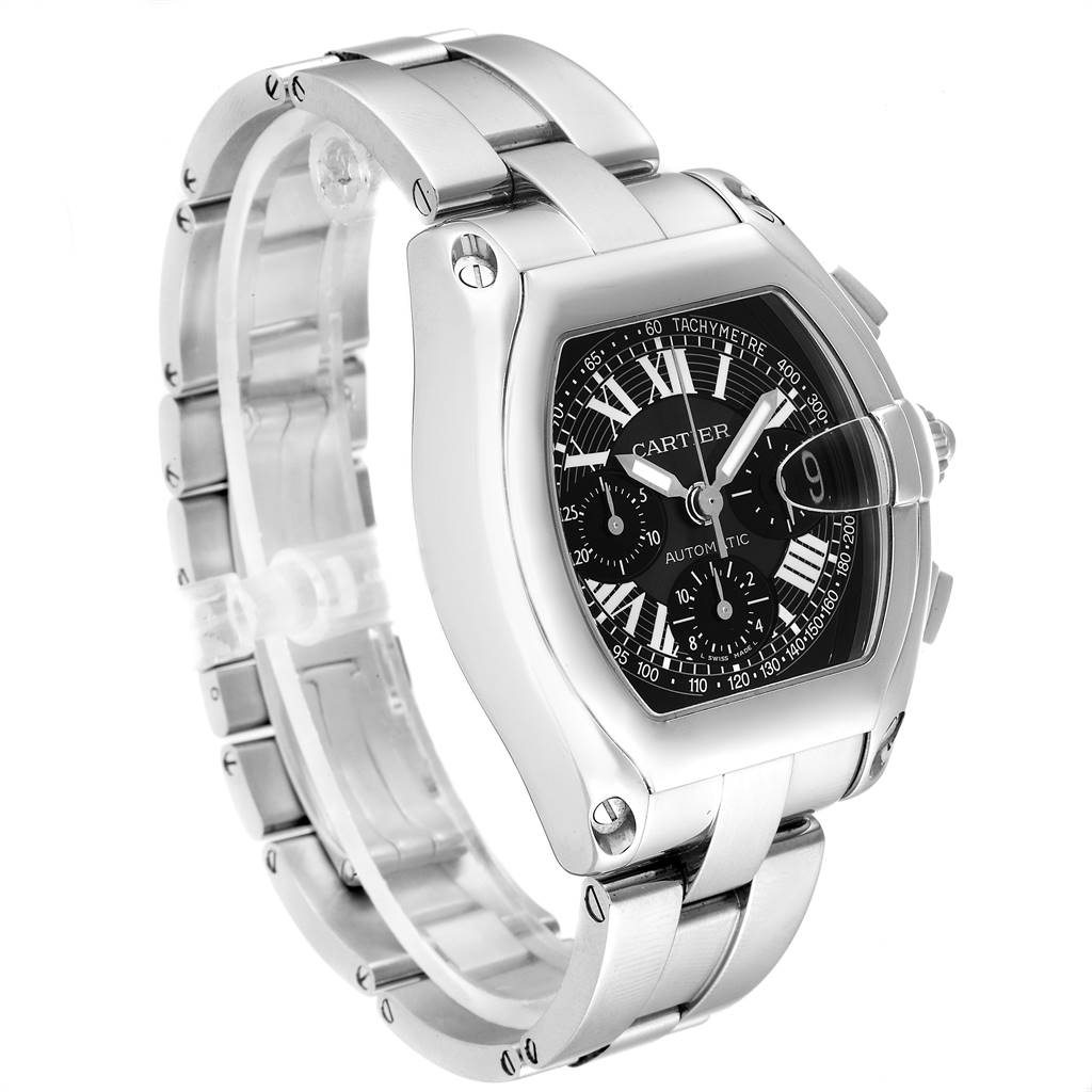The Cartier Roadster W62007X6 Men
s Stainless Steel Black Dial W62007X6 Men
s Stainless Steel Black Dial watch is shown at a three-quarter angle, displaying the face, bezel, and bracelet.