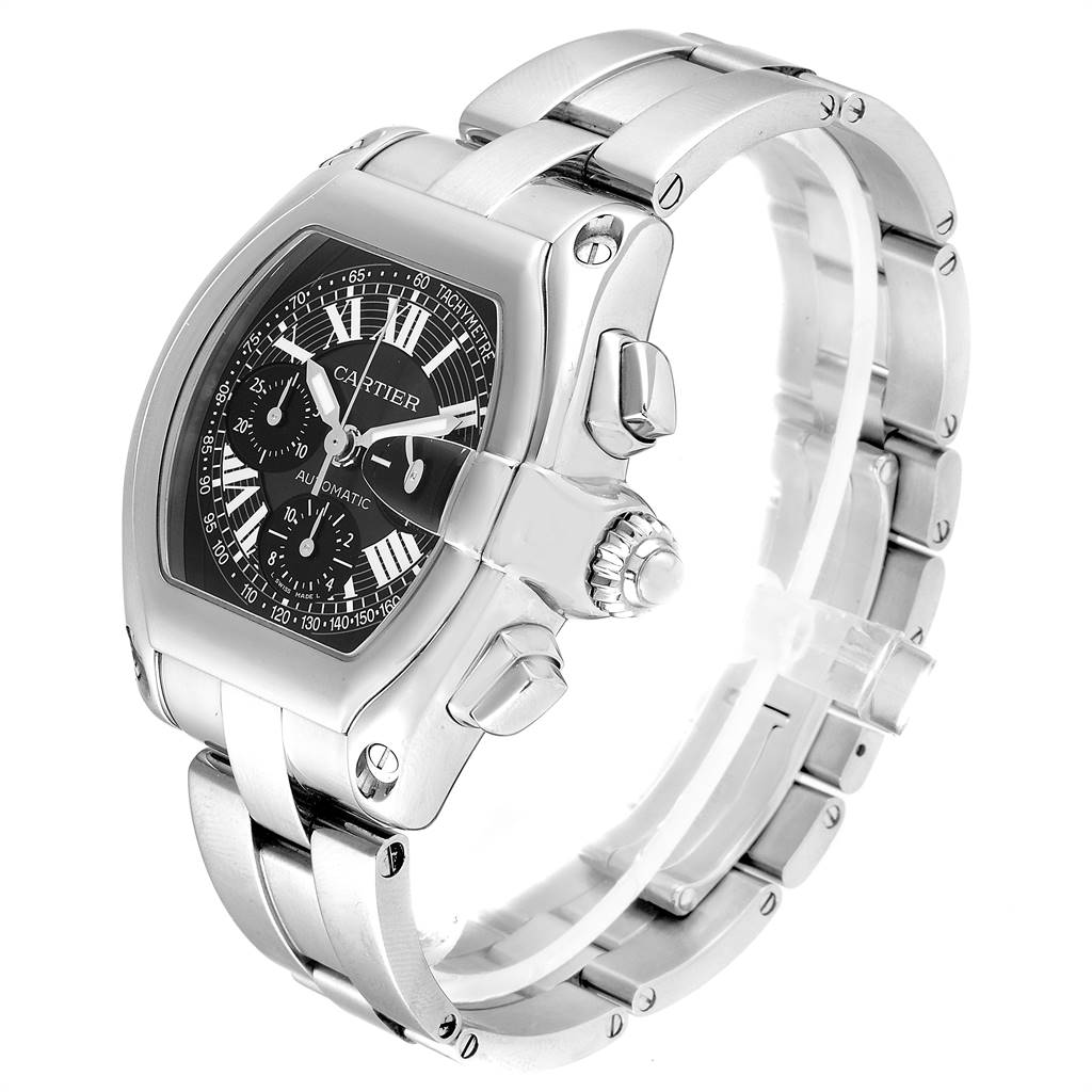 The Cartier Roadster W62007X6 Men
s Stainless Steel Black Dial W62007X6 Men
s Stainless Steel Black Dial watch is shown at an angled view, displaying its face, bezel, crown, and metal bracelet.