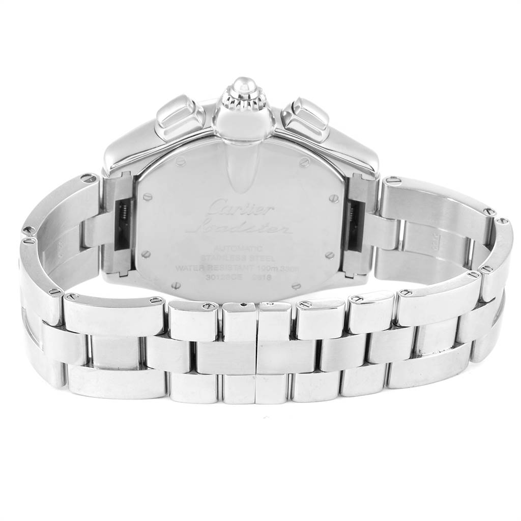 The image shows the back view of a Cartier Roadster W62007X6 Men
s Stainless Steel Black Dial W62007X6 Men
s Stainless Steel Black Dial watch, highlighting the stainless steel bracelet and case.